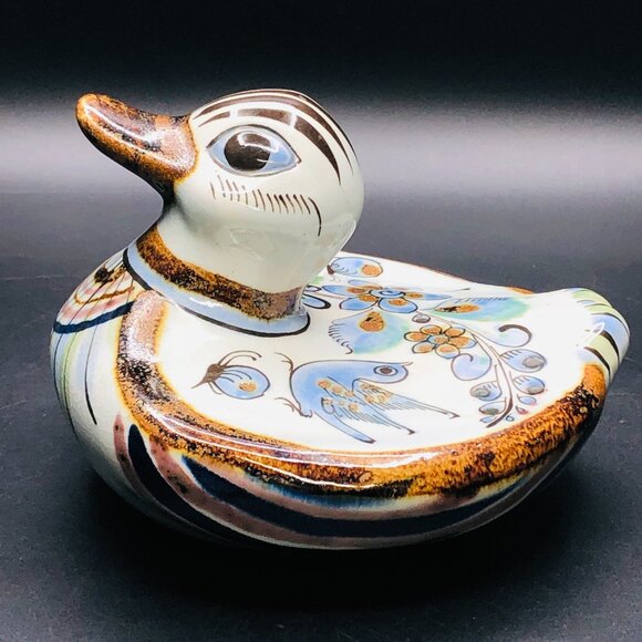 Vintage Ken Edwards Tonala Pottery DUCK, Folk Art Blue Bird Butterfly Florals - Picture 3 of 13